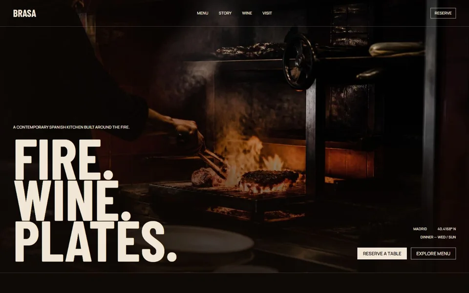 BRASA’s near-black website with condensed Fire. Wine. Plates. lettering and an open-fire kitchen photograph.