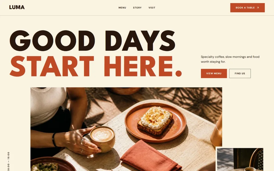 LUMA’s bright cream and terracotta website, bold Good days start here typography and sunny coffee and brunch imagery.