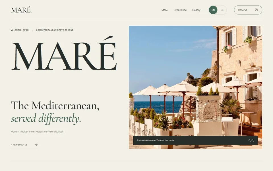 MARÉ’s cream and olive website, with elegant serif lettering beside a sunlit Mediterranean terrace.